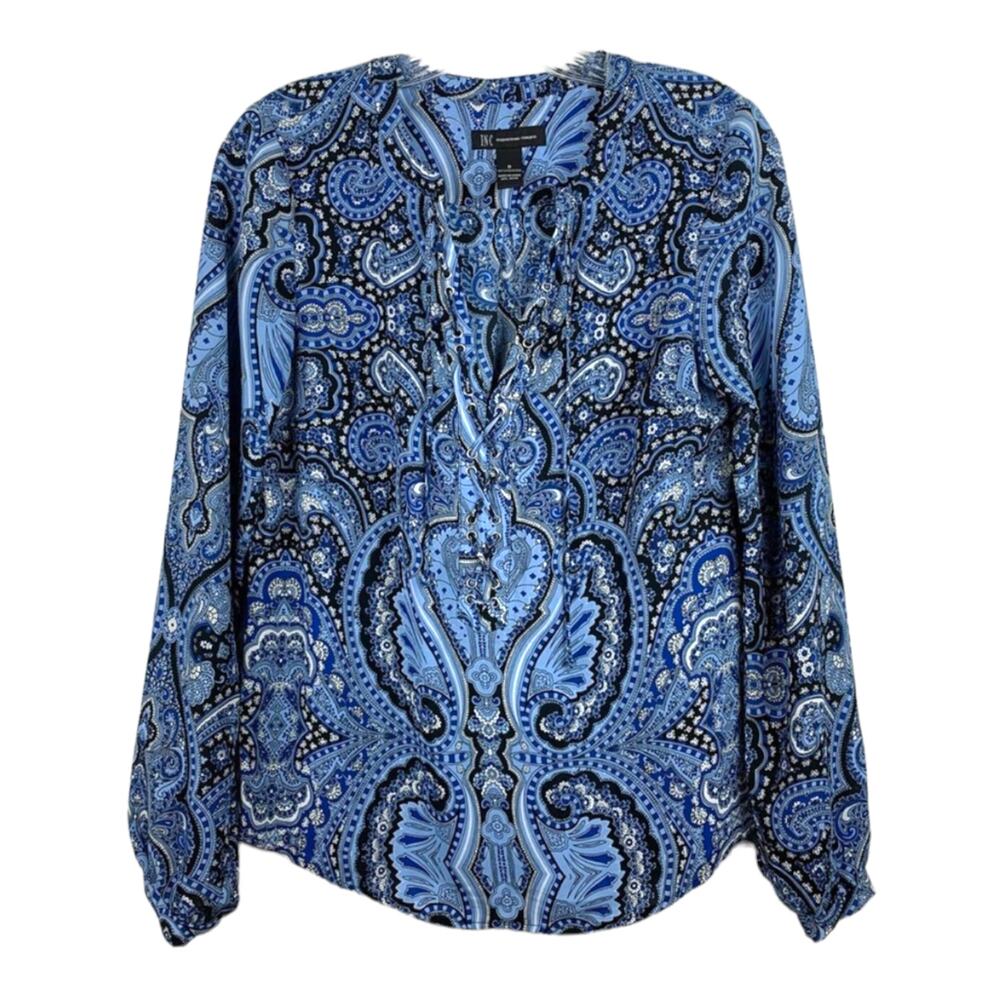 INC Blue Pagoda Paisley Printed Lace Up Women' s Blouse Office wear Size 0